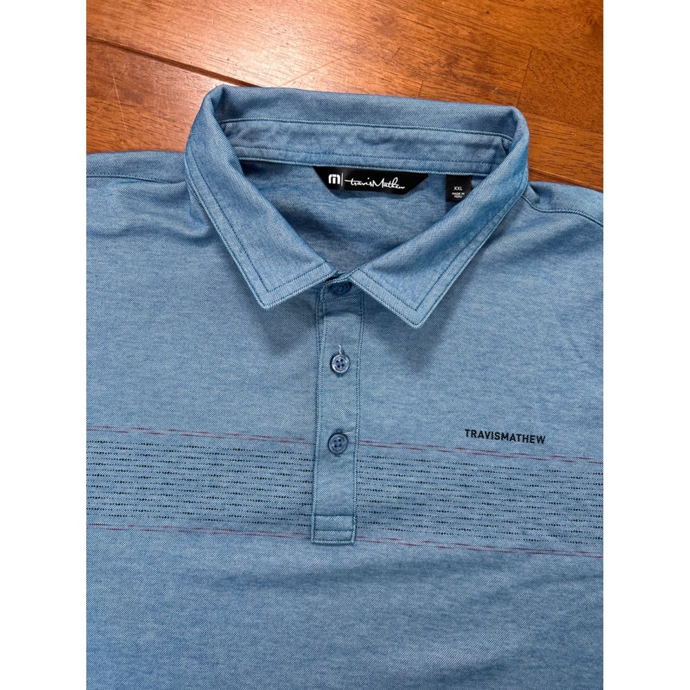 TravisMathew Polo Shirt Mens XXL Blue Heathered Striped Short Sleeve Golf